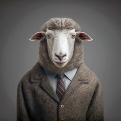 A whimsical portrayal of a sheep's head on a human body, dressed in a suit and tie, representing a surreal blend of human and animal. AI generated.