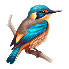 Illustration of common kingfisher (Alcedo atthis) perched on a branch isolated on white background. Bird. Animals. Generating Ai.