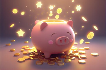 Happy piggy bank with golden coins. Generative AI