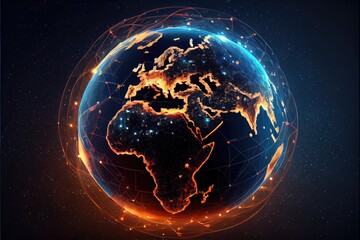 Global network. Digital Earth globe cyber security technology concept art. Generative AI