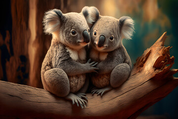 koala bear on tree, Cute Koala's in love on a tree branch and looking. Generative Ai