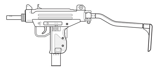 Vector illustration of the MICRO UZI israel machine gun with unfolded stock on the white background. Left side. - obrazy, fototapety, plakaty