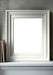 Vertical picture frame mockup on shelf, dark style