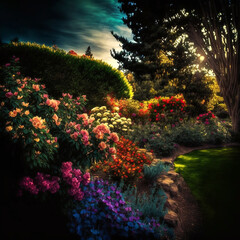 Fototapeta na wymiar Magic garden in sunlight, beautiful flowers. Beauty in nature. Beautiful garden in realistic style.