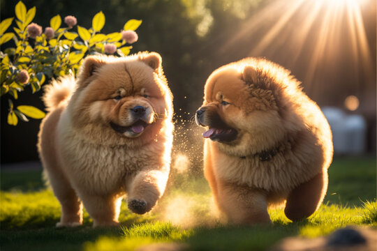 Chow chow dogs playing in the garden. Generative ai