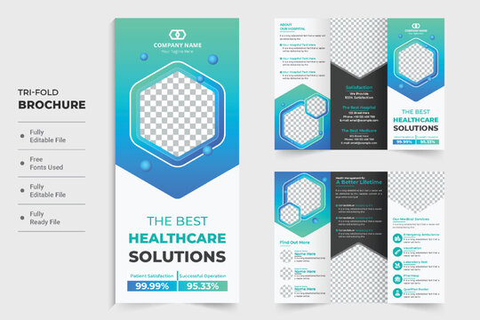 Healthcare center promotional tri fold brochure vector for digital marketing. Modern hospital advertisement poster layout design with hexagon shapes. Medical tri fold brochure vector for marketing.