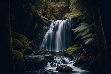 Beautiful waterfall in the forest. Generative AI