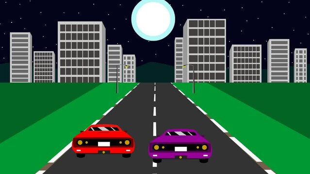 Animated video of old racing car game in 8-bit style with other cars competing at night, city, arcade, pixel, art, 2d.