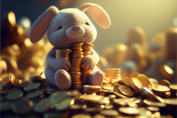 Cute bunny on a pile of coins. Generative ai