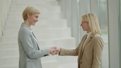 Two businesswomen handshaking in the office corridor