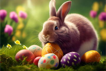 Fototapeta na wymiar A cute little bunny holds decorated eggs on a sunny day. Generative ai