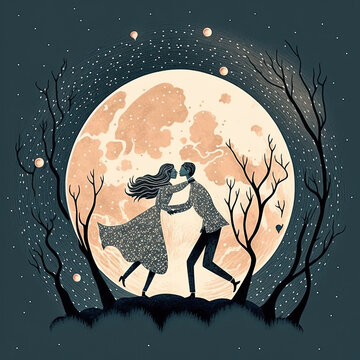 A dreamy illustration of a couple dancing under a full moon and stars