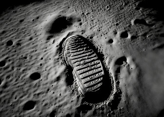 Illustration of foot prints the first step on the moon. Illustration Graphic Design with Generative AI.