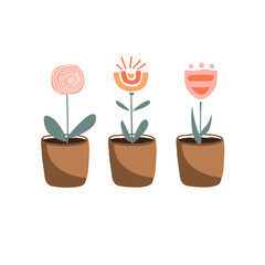 Set of doodle potted flowers in Scandinavian style. House or garden plants, vector hand drawn illustration in Scandinavian style. Abstract cartoon flowers in clay pots