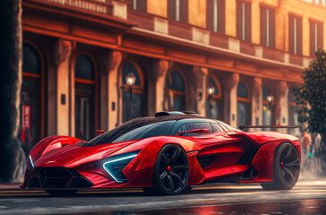 Luxury Red Hyper Sport Car on The Suburban Downtown Street. Illustration Graphic Design with Generative AI.