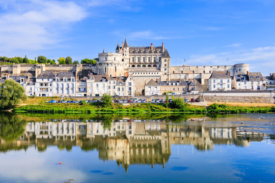 Amboise, France. The walled town and Chateau of Amboise reflected in the River Loire.