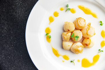 sea scallop fresh seafood fried meal food snack on the table copy space food background rustic top view