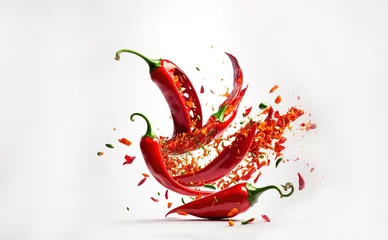 Fotobehang Sliced falling bursting red hot chili peppers isolated on white background. with clipping path, focus stacking © MAJGraphics