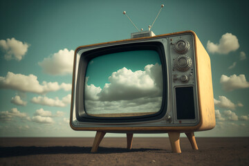 retro tv in field on background sky with clouds