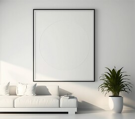 Blank picture frame, interior wall, round circle in frame, blank space, modern living room mock up, white couch, green plant, copy space, negative space, empty, generative ai