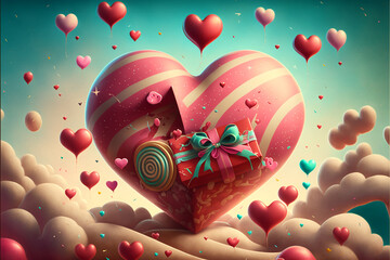Valentine Pink Heart Shape with Present Background. Illustration graphic design with generative AI.