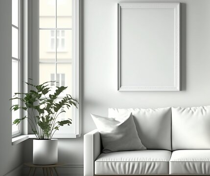 Blank picture frame beside window, on interior wall, blank space, modern living room mock up, white couch, green plant, copy space, negative space, empty, generative ai