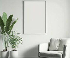 Blank space, picture frame on interior wall, modern living room mock up, white chair, green plants, copy space, negative space, empty, generative ai