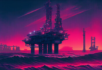 Offshore petroleum platform oil rig and gas at sea water sunset light. Vintage-style image, purple tone..