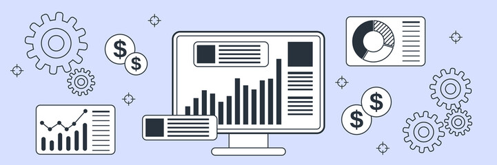 Business data analytics, information computing, big data science, market trends analyzing flat contour style vector concept illustration