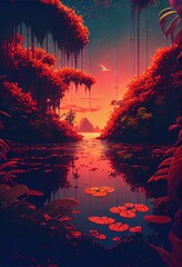 Tropical sunset with palm trees. AI generated art illustration. 