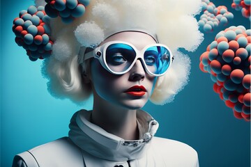 1960's Style portrait. Fashion Illustration for magazine. Blue background. AI retro portraits.