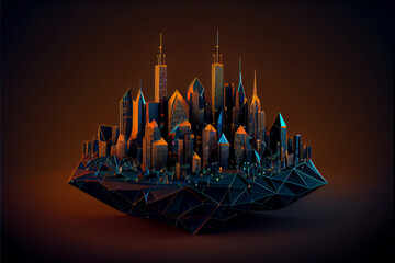 Smart city low poly wireframe on dark background. Generative ai	
