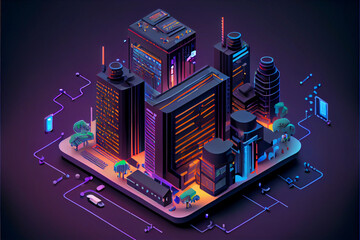 Isometric technology with city. Background. Generative ai	
