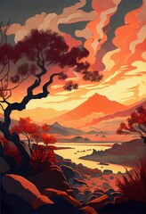 Naklejka premium Sunset in the mountains. AI generated art illustration.