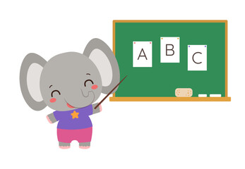 School student elephant standing next to chalkboard with pointer. Abc learning. Little elephant elementary pupil. Cute kawaii animal. Primary school subject vector. Education resources.