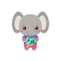School student elephant holding a globe. Social studies learning. Elementary pupil little elephant kawaii animal. Primary school geography subject vector. Education clipart.
