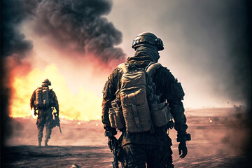 Soldier military in the war with a weapon in his hands, armed forces, military special forces soldiers cross destroyed war zone through fire and smoke, fire, explosion, fictional photo, generative ai