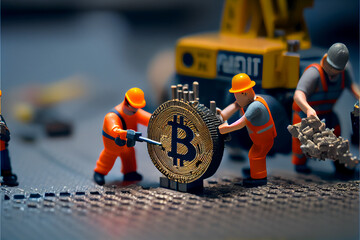 Tiny workers building a Bitcoin sign, Generative ai
