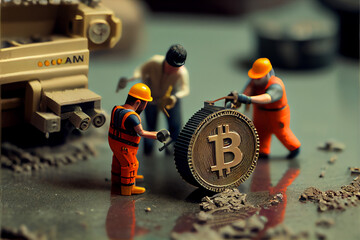 Tiny workers building a Bitcoin sign, Generative ai