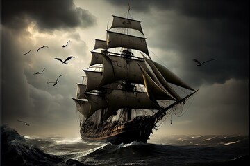 Fototapeta premium Ship sailing in the sea. Generative AI.