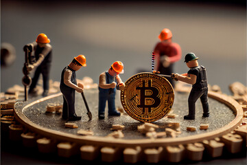 Tiny workers building a Bitcoin sign, Generative ai