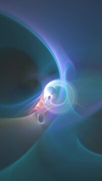 Fractal art loop abstract background animation. Soft evolving curves. Flame, gas, smoke, plasma. Blue, cyan, turquoise, yellow, orange, purple. Vertical format.