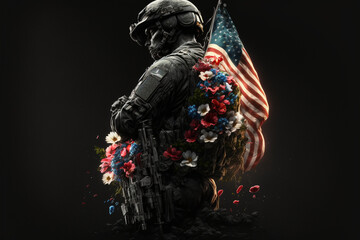 American soldier. Memorial Day. Flowers and United States Flag. generative AI
