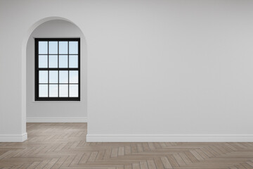 Empty white arch wall with window. 3d rendering of interior living room with sky background.