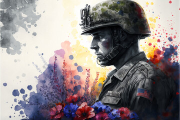 Illustration of an American soldier celebrating Memorial Day. Flowers and honor. generative AI