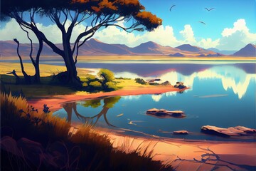 Sunset over the lake. AI generated art illustration. 