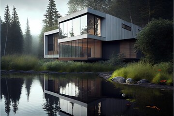 Obraz premium Sunset over the river. AI generated art illustration. 