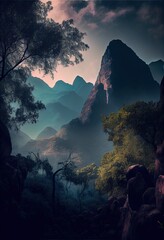 Sunset in the mountains. AI generated art illustration. 