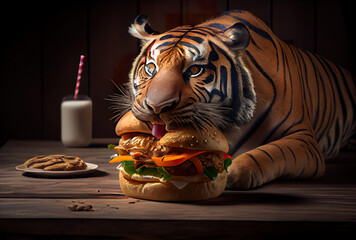 Fototapeta tigger eat cheese burger sandwich obraz