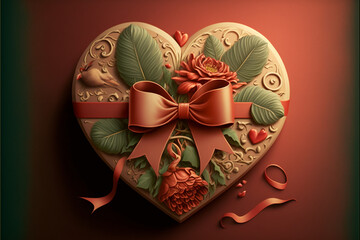 Valentine's Day. Illustration of a heart-shaped gift box with a bow and a flower on top. generative AI
